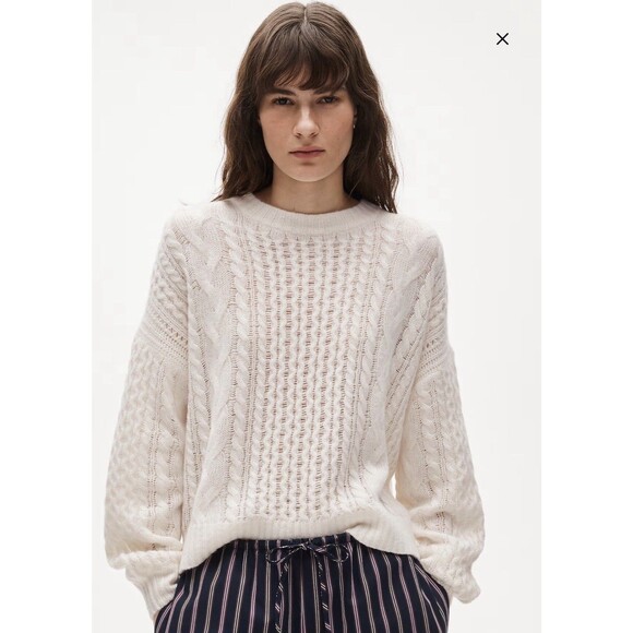 J. Crew Sweaters - J Crew Cashmere cable-knit blouson-sleeve relaxed fit sweater Snow size L NWT